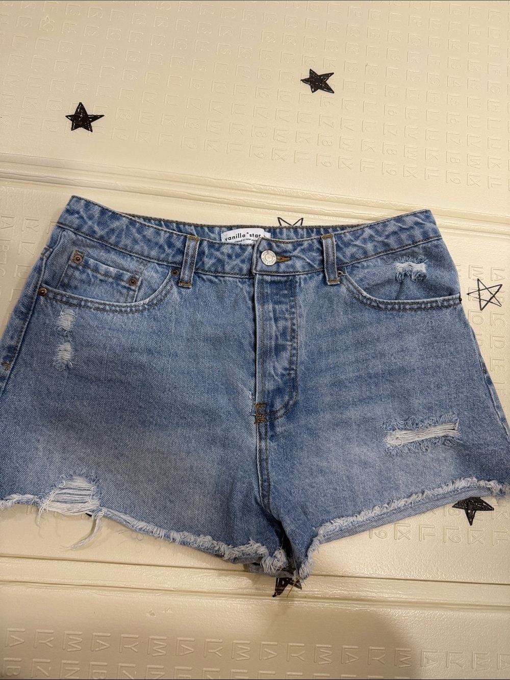 Vanilla Star Distressed Light Blue Denim Shorts
